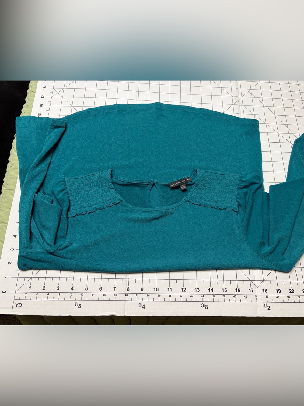 Adrianna Papell Teal Long Sleeve Blouse with Smocked Shoulders - Picture 3 of 3